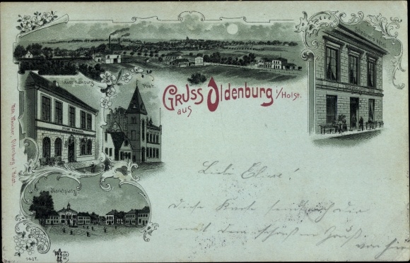 Moonlight Chromo-Litho Oldenburg in Holstein, hotel, view of the town, post office, market square
