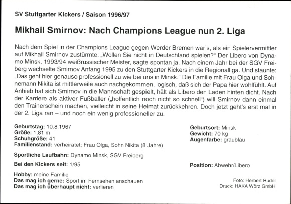 Autograph card footballer Mikhail Smirnov, SV Stuttgarter Kickers, autograph
