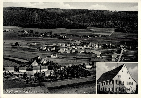 Postcard Rietheim Weilheim Swabian Alb, aerial photograph, Gasth. z. Traube