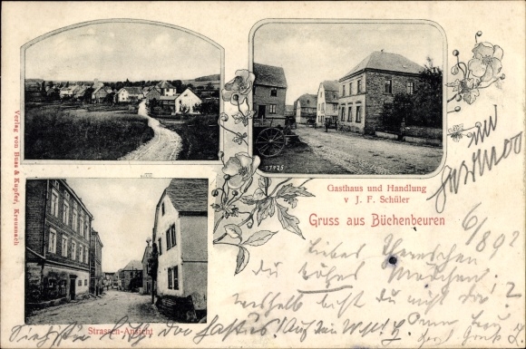 Postcard Büchenbeuren im Hunsrück, inn and shop, street section
