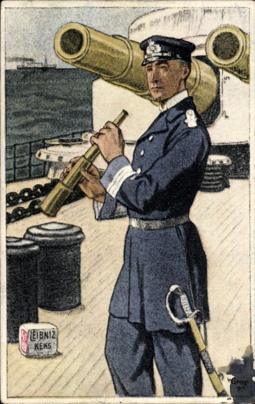 Artist Postcard Georgi, W., advertising Leibniz Keks, naval officer on the deck of a German warship