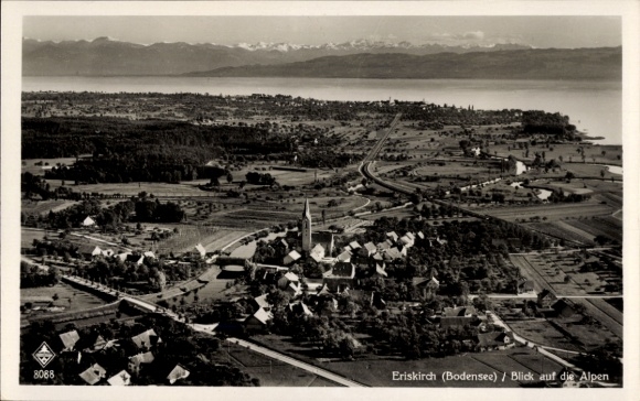 Ak Eriskirch Bodensee, Luftaufnahme von  Blick auf die Alpen, Bodensee