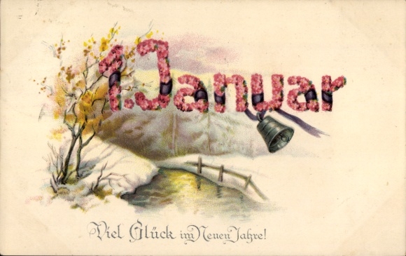 Letters Postcard Happy New Year, January 1st, bell, winter landscape
