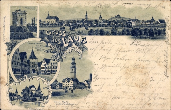 Litho Lauf Pegnitz Nürnberger Land, Marktplatz, Kriegerdenkmal, Schloss, Stadtturm