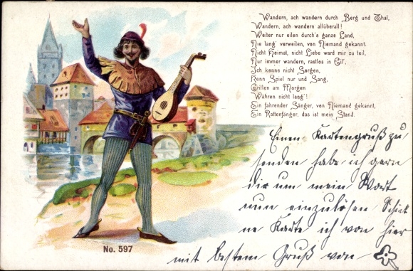 Kunstenaar Litho Hamelin in Nedersaksen, rattenvanger met luit, brug, kerk
