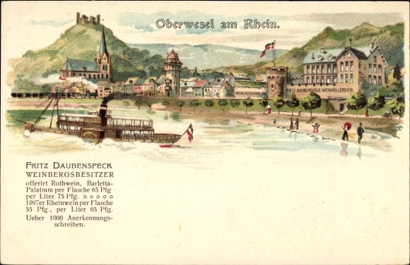Litho Oberwesel am Rhein, salonboot, wijngroothandel van wijngaardeigenaar Fritz Daubenspeck