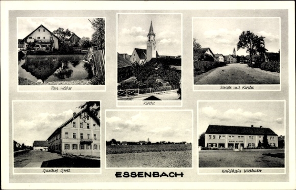 Postcard Essenbach Lower Bavaria, Church, Wiethaler Department Store, Groll Inn, at the pond