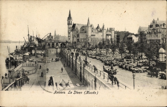 Postkaart Antwerpen Vlaanderen, havengezicht, schepen, gebouwen, bomen, auto's