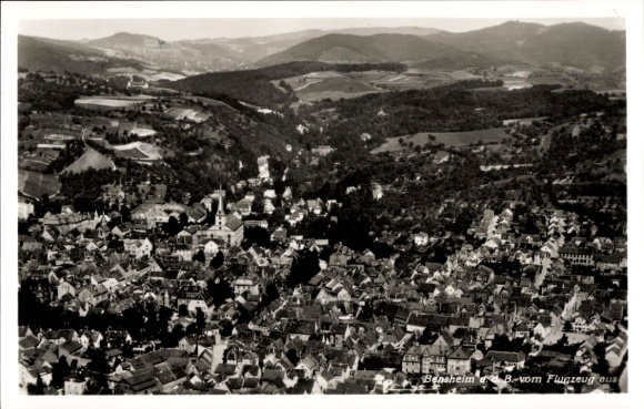 Postcard Bensheim on the Bergstraße Hesse, aerial view of wide landscape, city view, black and white