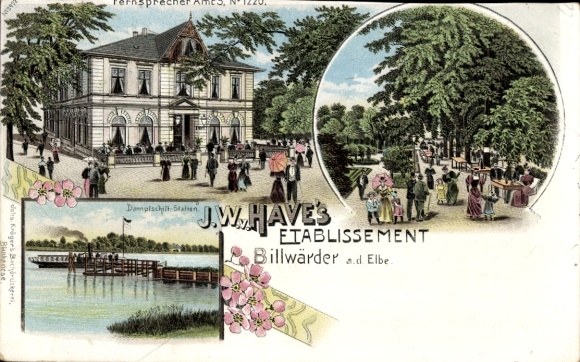 litho Hamburg Bergedorf Billwärder, JW Vestiging, park, stoombootstation