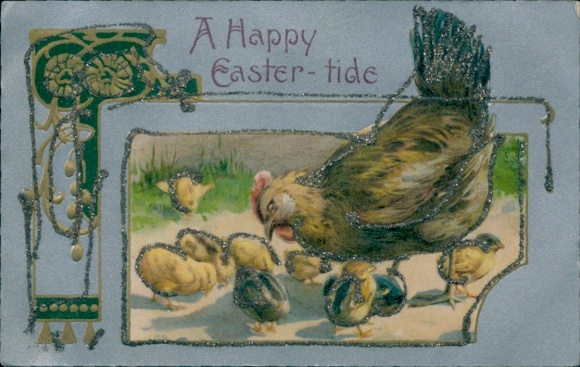 Embossed Glitter Postcard Congratulations Easter, Hen, Chick