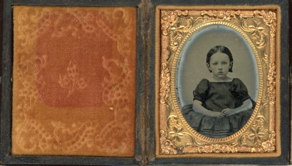 Daguerreotype Photo portrait Gold Frame Antique Orange Velvet, Little Girl