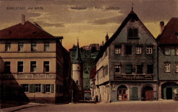 PC Karlstadt am Main Lower Franconia, Maingasse, Karlsburg ruins, Hotelschwarzer Adler