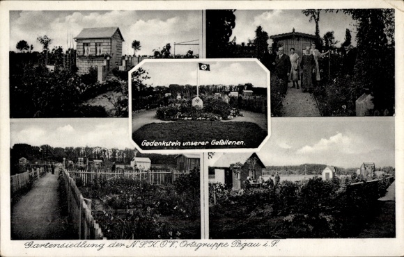 Postcard Pegau in Saxony, garden settlement, memorial stone for our fallen soldiers