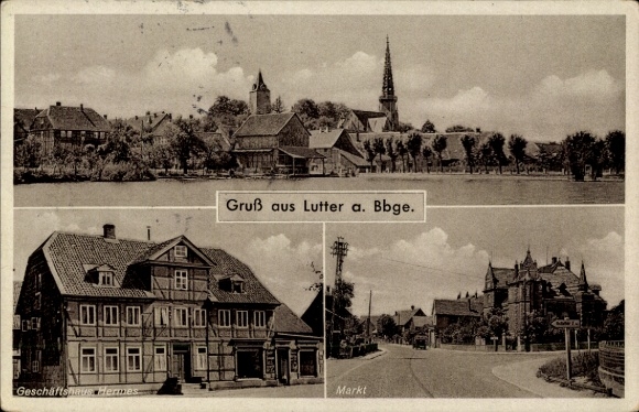 Postcard Lutter am Barenberge in Lower Saxony, partial view, Hermes business building, market