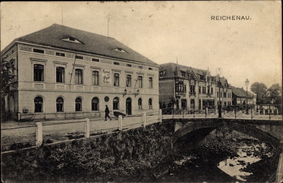 Postcard Reichenau in the Ore Mountains, hotel, bridge