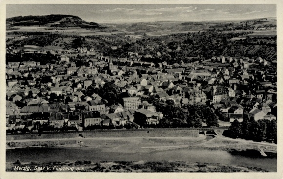 Postcard Merzig on the Saar, aerial view of Saar, river view, city view