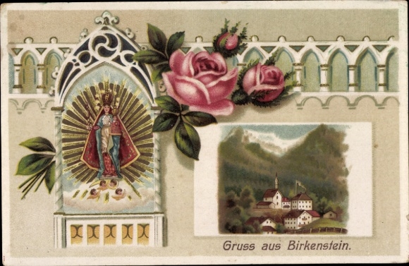 PC Birkenstein Fischbachau in Upper Bavaria, partial view, figure of a saint, roses