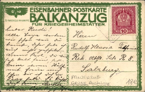 Postcard Balkan train for warriors' homes, armored train, transport train