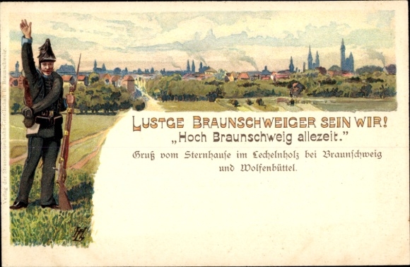 Künstler Litho Braunschweig in Niedersachsen, Sternhause im Lechelnholz, Stadtpanorama