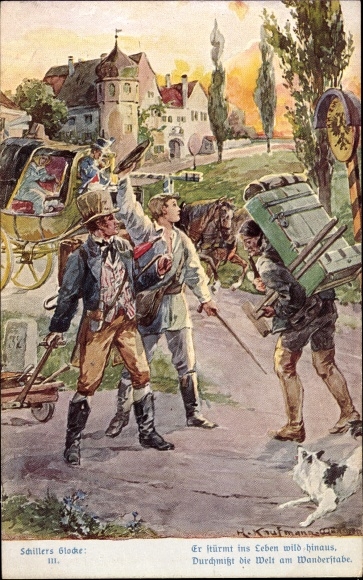 Kunstenaar ansichtkaart Kaufmann, Hans, Schiller's bel, Hij stormt het leven binnen