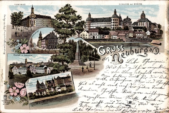 Chromo-Litho Neuburg Donau Upper Bavaria, castle, bridge, seminary, St. Peter's Church, St. Augustin Monastery
