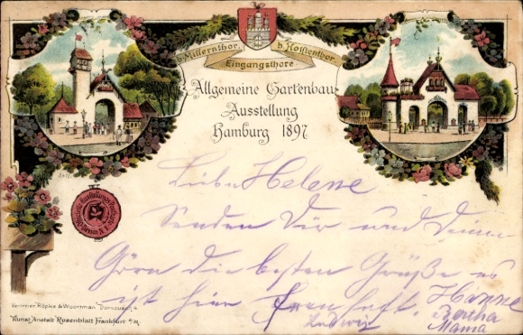Litho Hamburg, Allgemeine Gartenbauaustellung 1897, Eingangstore