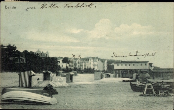 Postcard Ostseebad Bansin on Usedom, Bansin beach, Villa Venblick, ladies' bathing establishment, boats on the beach