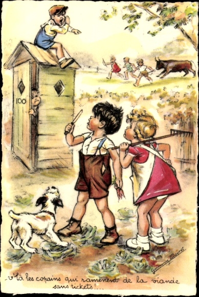 Artist Postcard Bouret, Germaine, Oches chasing children in the countryside, lettuce harvest, dog