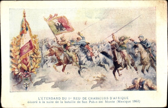 Artist Postcard Mexiko, Battle of San Pablo del Monte 1863, 1st Reg. of Hunters of Africa