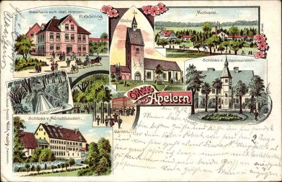 Chromo-Litho Apelern in the county of Schaumburg, Drei Kronen inn, dairy, castle, bowling alley