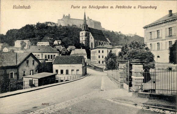 Postcard Kulmbach in Upper Franconia, Schießgraben, Petrikirche, Plassenburg, black and white photo