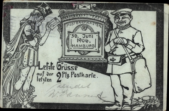 Postwaardekaart Hamburg, laatste groeten op de laatste 2Pf. Ansichtkaart, 30 juni 1906, postbode