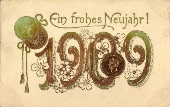 Präge Ak Glückwunsch Neujahr, Jahreszahl 1909, Klee, Münzen