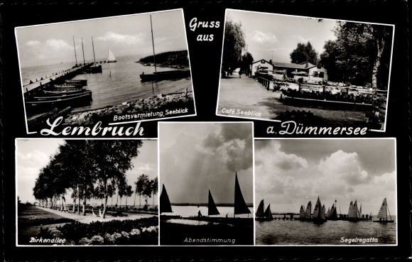 Ak Lembruch am Dümmersee Nedersaksen, bootverhuur, Cafe Seeblick, Birkenallee, zeilregatta