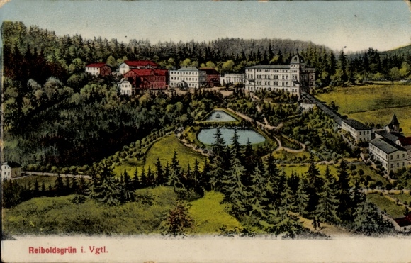 Postcard Bad Reiboldsgrün Auerbach im Vogtland, Colorful view of Reiboldsgrün, lakes and forests...