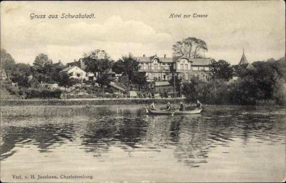 Ak Schwabstedt op de Treene Nordfriesland, Hotel zur Treene, roeiboot