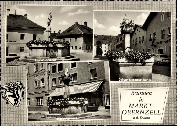 Postcard Obernzell on the Danube Lower Bavaria, Florian's Fountain, Marienbrunnen, Johann Nepomuk Fountain
