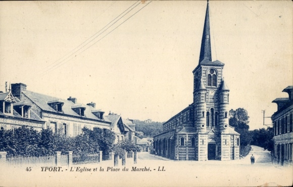 Postcard Yport Seine Maritime, church, market square