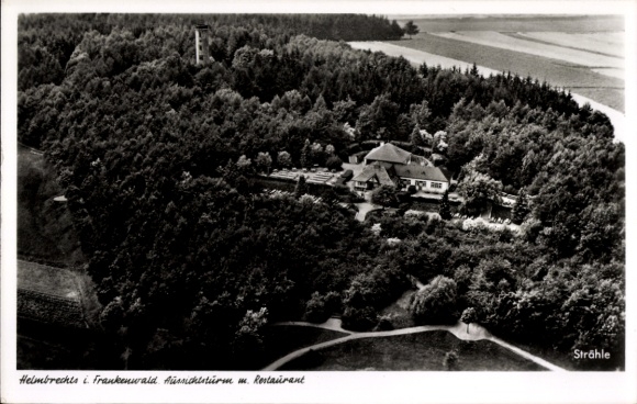 Postcard Helmbrechts in Upper Franconia, aerial photograph, observation tower, restaurant