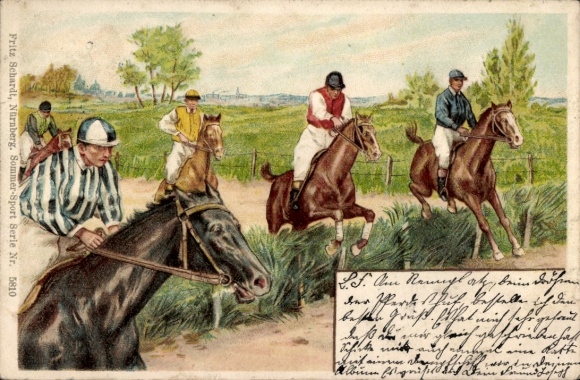 Litho Springreiten, Männer zu Pferden, Jockey, Hürden