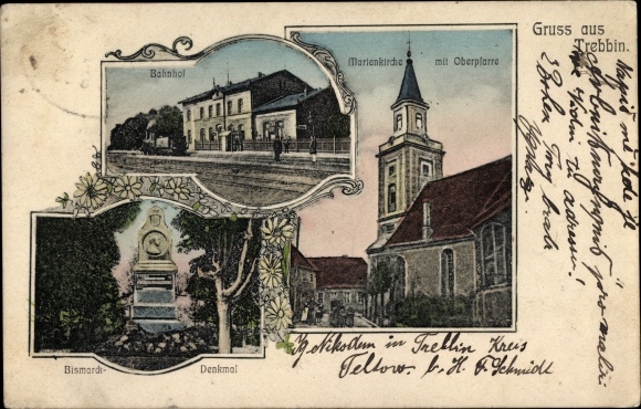 Ak Trebbin in de wijk Teltow Fläming, treinstation, spoorzijde, Marienkirche, Oberpfarre, Bismarck-monument