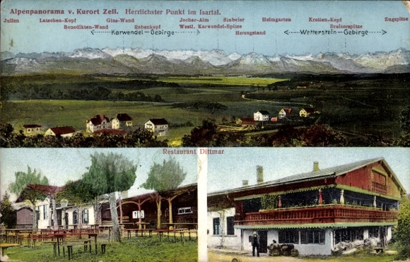 Ak Zell bij Ebenhausen Schäftlarn Opper-Beieren, Isarvallei, Restaurant Dittmar, Karwendel, Wetterstein