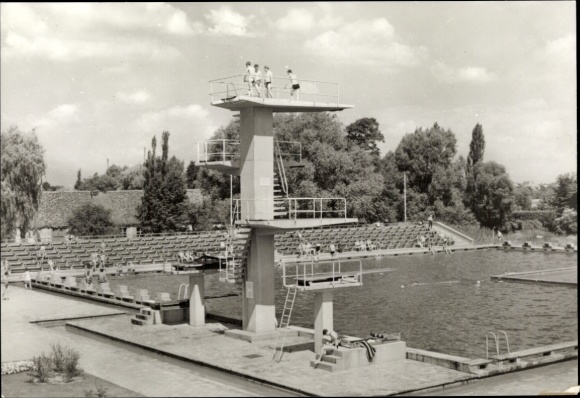 Postcard Forst in Niederlausitz, swimming pool, diving tower