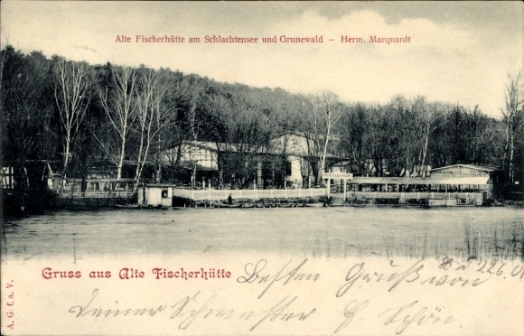 Postcard Berlin Zehlendorf, Old Fisherman's Hut at Schlachtensee and Grunewald, owner Herm. Marquardt