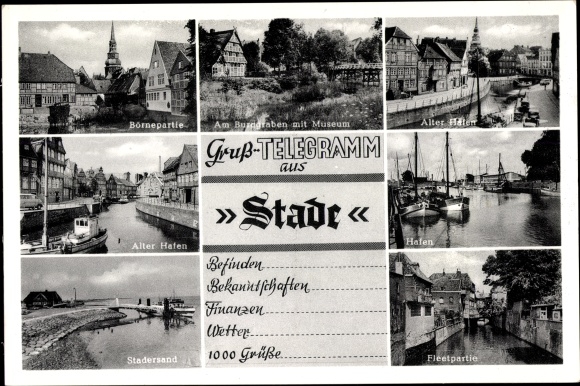 Postcard Stade in Lower Saxony, old port, Börnepartie, Fleetpartie, museum