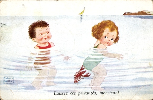 Artist Postcard Wills, John, Bathing Children, Lobster