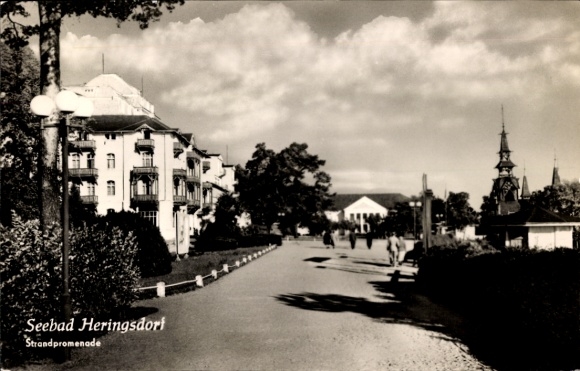 Postcard Ostseebad Heringsdorf on Usedom, seaside resort beach promenade, buildings, walkers