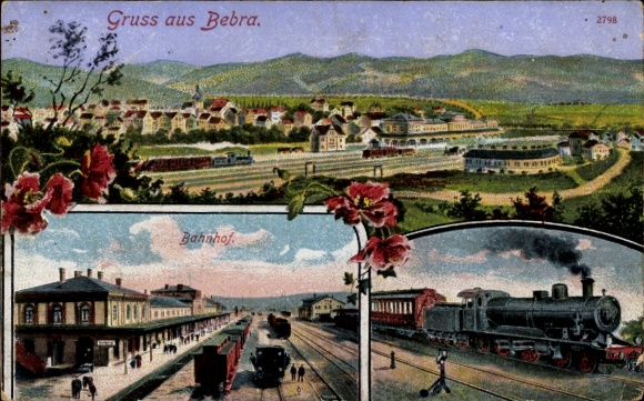 Postcard Bebra on the Fulda in Hesse, train station, track view, panorama, locomotive, steam locomotive