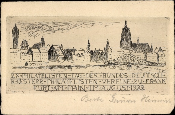 Postwaardestuk kunstenaarskaart Frankfurt am Main, 28e filatelistendag 1922